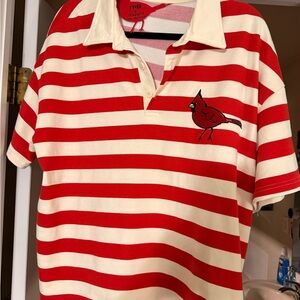 Red and Cream Striped Polo with Cardinal Patch
